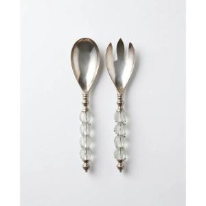 Set Of 2 Salad Serving Utensils - In Silver-plated Metal And Murano-style Glass Beads