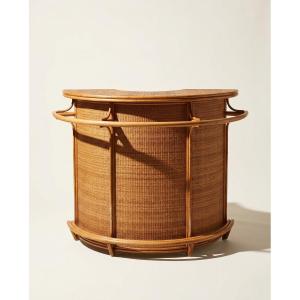 Half-moon Bar In Rattan And Woven Wicker – Vintage Piece, Circa 1960-1970