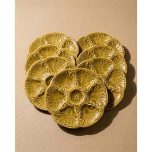 Set Of 7 Khaki Barbotine Oyster Plates - Gien, France