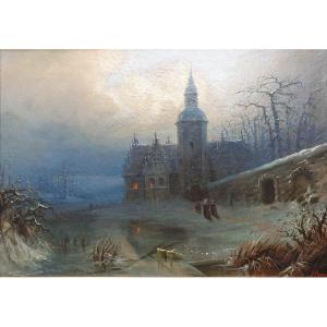 Albert Bredow - Snowy Landscape With A Church In The Moonlight