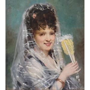 Eliseo Meifren - Portrait Of A Young Lady With A Fan