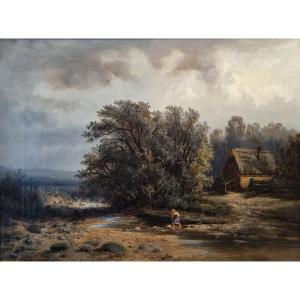 Albert Bredow - Landscape With A Young Girl Crossing A River Near A Cottage