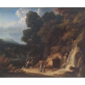 Cornelis Huysmans (attributed To) - Landscape With Pilgrims Visiting Hermits