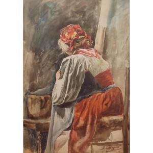 Désiré Auguste Ghesquier - Portrait Of An Italian Woman From Behind