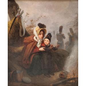 Adolphe Bernard (attributed To) - The Soldier's Wife And Son By The Fireside