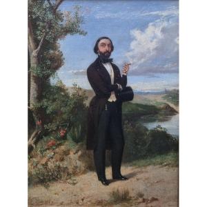 Henri Pottin - Portrait Of An Elegant  Man In A Landscape (1844)