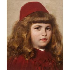 Paul Mathey - Portrait Of A Young Girl In A Red Cap