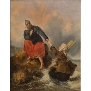 19th-century French School (circle Of Eugène Feyen) - The Shrimp Fisherwomen 
