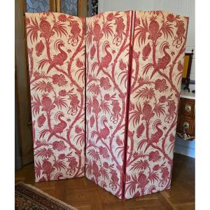 Three-leaf Screen – 19th Century, Covered With A Cotton Canvas Called “indian” 