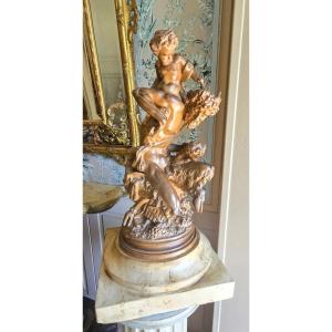 Eugène Thivier (1845–1920) – Terracotta Group: Faun And Her Children 
