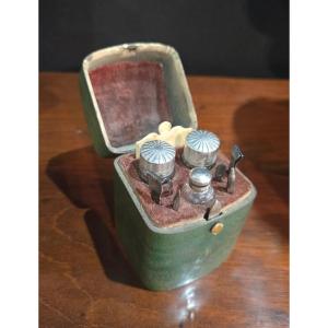 Small Green Shagreen Kit, Utensils And Stoppers In Solid Silver, Louis XVI Period.