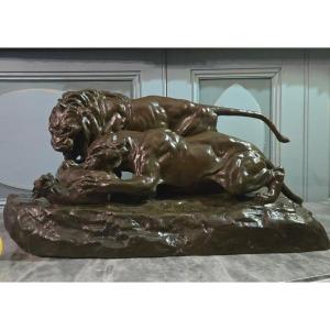 Lion And Lioness Attacking A Gazelle After E. Samson, Important Animal Sculpture.