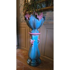 Cachepot On Column Delphin Massier & Cie, Vallauris Circa 1900.  