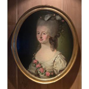 Portrait Of A Young Woman With Roses, Pouf Hairstyle, Louis XVI Period.  