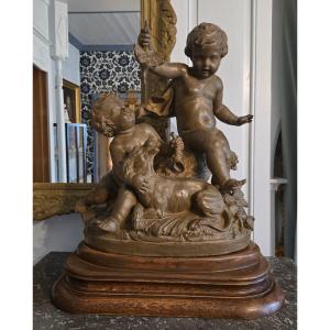 Allegory Of The Hunt In Patinated Terracotta, Signed Le Brun, 19th Century Work.