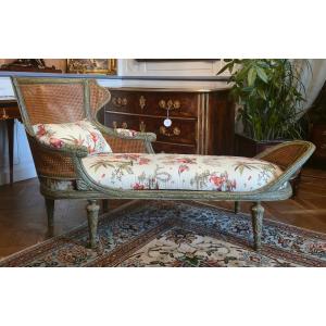 Louis XVI Style Caned Chaise Longue, Late 19th Century.