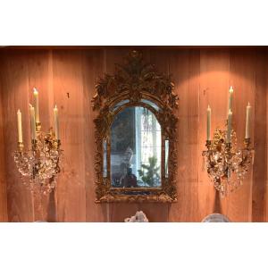 Pair Of Napoleon III Period Sconces In Gilt Bronze And Crystal Pendants.