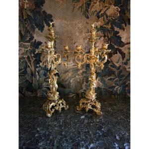 Pair Of Gilded Bronze Candelabra Featuring Bacchus Children, From The Napoleon III Period.