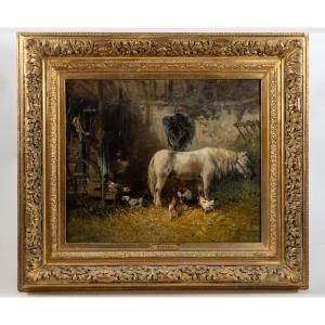 Alexandre Defaux (french, 1826-1900): Pony At Stable With Chickens Oil On Canvas