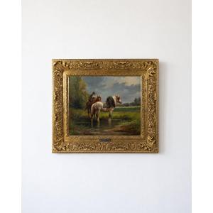 Antique Oil Painting Signed Martinez, Horses And Rider In A River.
