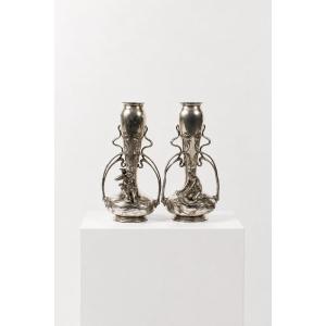Rare Pair Of Art Nouveau Silver-plated Vases By Wmf, Circa 1900