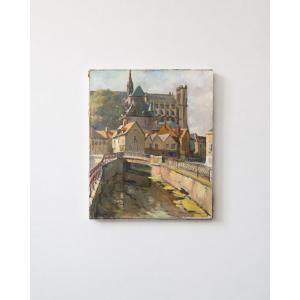 Jacques Briot - View Of The Saint-leu District In Amiens, Oil On Canvas, Mid-20th Century