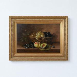 19th Century French Still Life With Peaches And Grapes - Oil On Wood, Signed Constantin