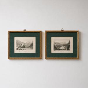 Pair Of Small Antique Steel Engravings – Swiss Mountain Landscapes