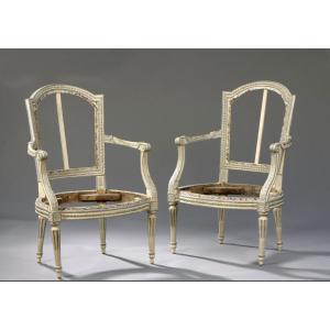 Stamped Jb. Boulard - Set Of 4 Armchairs In Molded, Carved And Lacquered Wood - 18th Century