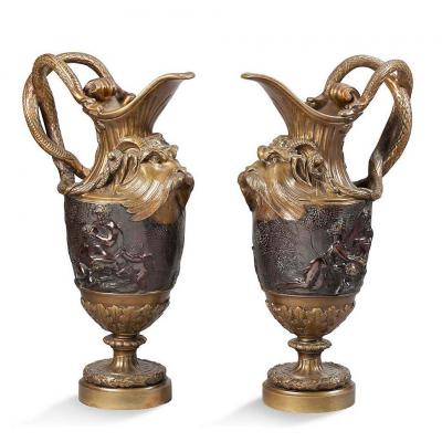  25% Discount - Pair Of Ewers In Gilt Bronze And Patinated Bronze - XIXth Century