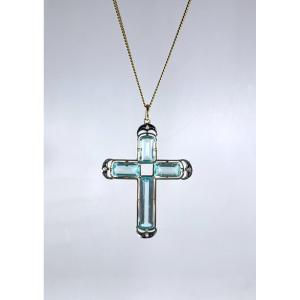 Large Cross In Gold, Silver And Blue Glass