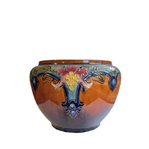 Antique Majolica Earthenware Flower Pot, 19th Century