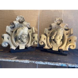 Pair Of Façade Ornaments, Terracotta Sculpture