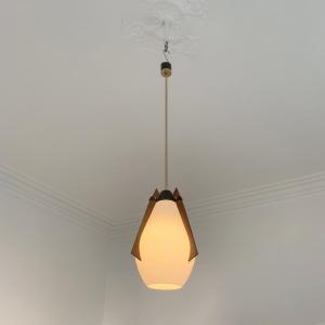 Opaline, Teak And Brass Pendant Light, Circa 1960, Italy.