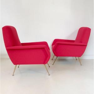 Pair Of Red Fabric Armchairs, Circa 1950, Italy.