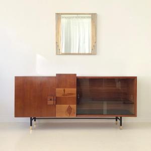  Asymmetrical Wood And Glass Sideboard, Circa 1950, Italy.
