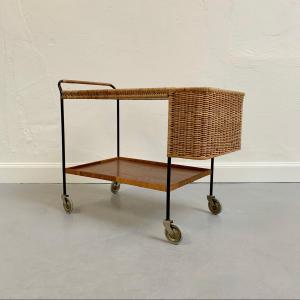 Rattan, Teak And Metal Trolley By Helmut Magg, Circa 1960, Germany.