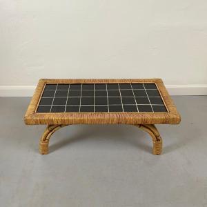 Coffee Table Made Of Bamboo, Rattan And Ceramic, Circa 1950, France.