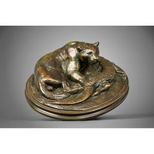 Jaguar Holding A Caiman, Antoine-louis Barye Paris (1795 - 1875)