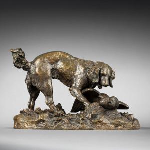  Large-framed Spaniel Pointing At A Goose, By Antoine-louis Barye (1795-1875)  