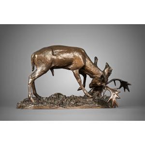 Deer Rubbing Its Antlers Against A Tree, Antoine-louis Barye, Paris (1795-1875)