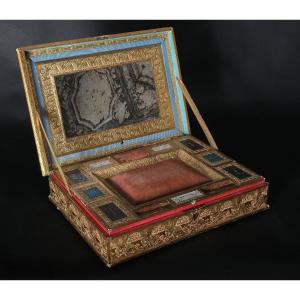 Very Beautiful Paper Mache Sawing Box, Paris Empire Period Circa 1800
