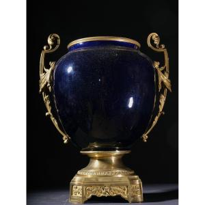"night Blue" Sèvres Porcelain Vase, With A Gilt Bronze Mount, Paris 19th C.