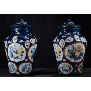 Pair Of Dark Blue Glass “arte Povera” Lidded Vases, Piedmont 19th C.