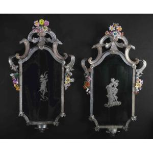 Pair Of Extremely Rare Murano Mirrors With Flowers, Murano Circa 1730