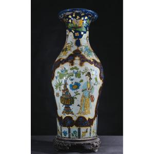 Monumental Vase Fixed Under Glass With Chinese Decoration, Piedmont, Early 19th Century