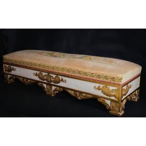 Unusual Upholstered Bench With Relief Decoration On Three Sides, Italy, 19th Century