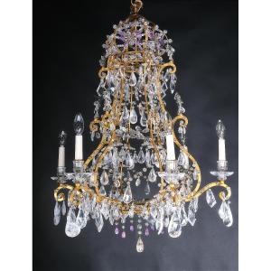 Very Beautiful Italian Chandelier In Rock Crystal And Amethyst, Piedmont 19th