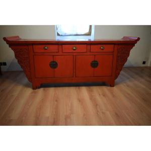 Chinese Pagoda-shaped Sideboard In Red Lacquer, From The Early 20th Century.