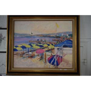 Painting By Kuwahara Masaoki "the Beach At Cannes"